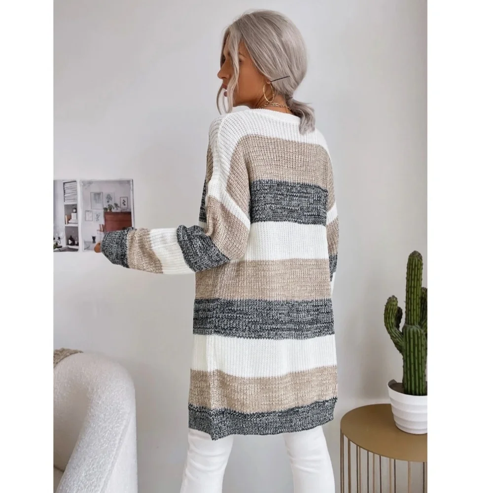 Colorblock Stripes Open Knit Cardigan Knee Length - Picture 2 of 9
